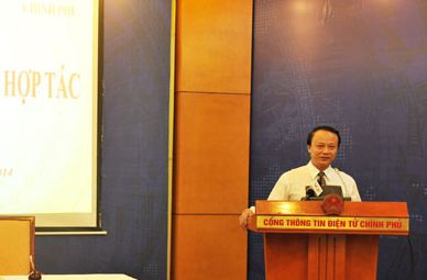 Tổng giám đốc Cổng TTĐT Chính phủ Phạm Việt Dũng phát biểu chúc mừng tại Lễ ký kết giữa Cổng TTĐT Chính phủ và Ban Cơ yếu Chính phủ
