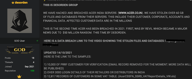 Tin tặc tuyên bố đã đánh cắp 60 GB dữ liệu từ Acer