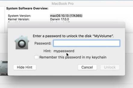 MacOS để lộ mật khẩu của ổ đĩa mã hoá trong ô gợi ý